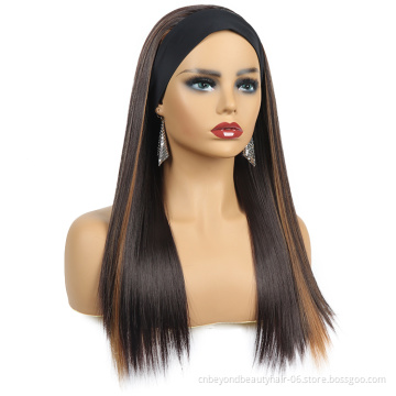 Wholesale synthetic highlight wig straight silky wave hair Highlight Headband wigs mix brown for America women